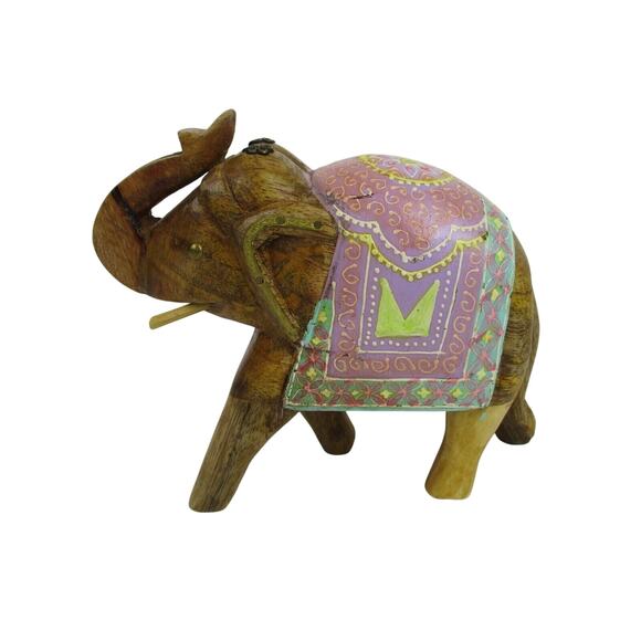 Elephant with Decorative Painted Blanket Carved Wood Home Decor 7.25 x 6" x 2.75 - Picture 1 of 10